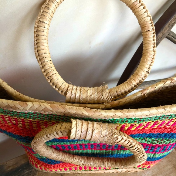 MEXICAN WOVAN BASKET TOTE Colorful Serape Vtg Lg - Picture 8 of 9